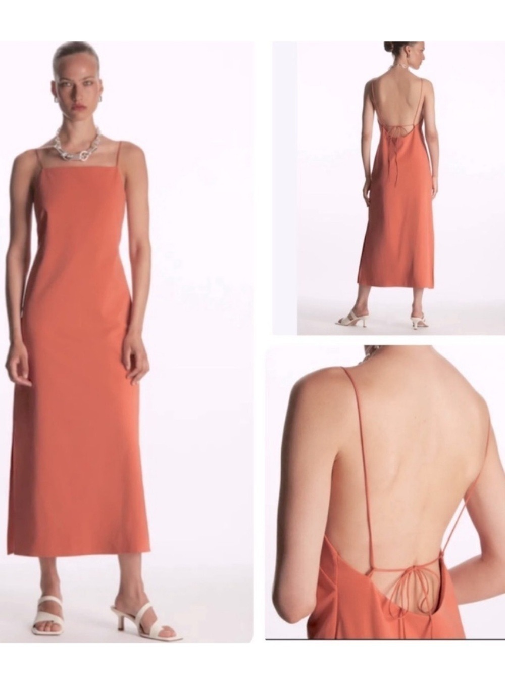 COS Open Back Midi Dress Orange Strappy Relaxed Fit Sleeveless Size Medium